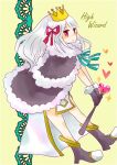  1girl :o blue_bow blue_bowtie blush boots bow bowtie cape character_name commentary_request crown dormir_(challco) dress full_body fur-trimmed_cape fur-trimmed_gloves fur_trim gloves grey_boots grey_cape grey_gloves hair_ribbon heart heart-shaped_gem high_wizard_(ragnarok_online) holding holding_staff long_hair looking_at_viewer open_mouth ragnarok_online red_eyes red_ribbon ribbon solo staff striped_bow striped_bowtie striped_clothes white_dress yellow_background 