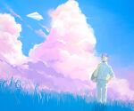  1boy belt blue_sky closed_mouth cloud collared_shirt commentary_request cumulonimbus_cloud field gundam kai_shiden male_focus mi_(rokudenashi) mobile_suit_gundam outdoors paper_airplane shirt sky solo standing white_shirt 