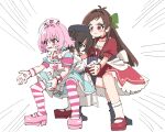  #unicus_(idolmaster) 3girls absurdres ahoge apron aqua_dress aqua_hair back-to-back black_hat blush bow breasts brown_eyes brown_hair choker cleavage closed_mouth coat collarbone colored_inner_hair commentary dress emphasis_lines gattai_(hunter_x_hunter) green_bow grey_shoes hair_bow hat highres hunter_x_hunter idolmaster idolmaster_cinderella_girls idolmaster_cinderella_girls_starlight_stage leaning_back leaning_forward long_hair medium_hair multicolored_hair multiple_girls nurse_cap open_mouth parody pink_eyes pink_hair pink_shoes pink_thighhighs pink_wrist_cuffs red_choker red_dress red_eyes red_shoes shoes short_sleeves simple_background socks squatting striped_clothes striped_thighhighs sukoyaka_(100hituzi) sunazuka_akira sweatdrop thighhighs thighs tsujino_akari two-tone_hair untranslatable_commentary white_apron white_background white_coat white_hat white_socks wrist_cuffs yumemi_riamu 