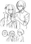  1boy 1girl absurdres breasts captain_(honkai_impact) collared_shirt commentary elysia_(honkai_impact) greyscale half-heart_hands heart heart_hands heart_hands_duo highres honkai_(series) honkai_impact_3rd large_breasts long_hair monochrome pout shirt short_hair smile thumbs_up tian_kazuki very_long_hair 
