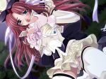  1girl 2000s_(style) blue_eyes blush breasts elbow_gloves game_asset gloves grabbing_own_breast long_hair magical_girl mahou_senshi_(series) mahou_senshi_princess_tear medium_breasts night nipples non-web_source official_art open_clothes open_mouth open_shirt outdoors panties pantyshot princess_tear red_hair ribbon saitou_natsuki self-datamine shirt solo tearna_lilian_transylveil thighhighs tongue underwear variant_set visual_novel_cg white_panties white_thighhighs 