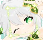 1girl ;) bad_id bad_twitter_id blush close-up closed_mouth commentary_request finger_frame genshin_impact green_eyes hair_between_eyes hair_ornament highres leaf_hair_ornament nahida_(genshin_impact) nana5863390 one_eye_closed portrait smile solo star-shaped_pupils star_(symbol) symbol-shaped_pupils twitter_username white_hair 