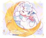  alolan_vulpix artist_name blue_eyes blush commentary crescent_moon full_body highres mew_mew_chikorita_moon moon neck_ribbon no_humans one_eye_closed open_mouth pawpads pink_ribbon pink_scarf pokemon pokemon_(creature) purple_background ribbon scarf sitting solo sparkle star_(symbol) untranslatable_commentary 