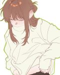  1girl adjusting_clothes blush braid brown_hair choppy_bangs closed_eyes clothes_lift commentary covered_mouth earrings facing_down green_outline hair_between_eyes highres jewelry long_hair long_sleeves midriff_peek outline sendai_hazuki shirt shirt_lift shuuniichido_classmate_wo_kau_hanashi simple_background sleeves_past_wrists solo stud_earrings turtleneck turtleneck_shirt untranslatable_commentary upper_body white_background white_shirt yyuujyn50286 