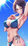  1girl aqua_bikini arm_up armpits bikini blue_hair breasts commentary_request fingernails groin hayami_kanade highleg highleg_bikini highres idolmaster idolmaster_cinderella_girls koya_(koya_x_00) large_breasts looking_at_viewer lotion navel outdoors presenting_own_armpit short_hair side-tie_bikini_bottom signature solo stomach string_bikini sunlight sunscreen sweat swimsuit 