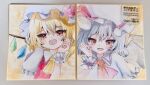  2girls artist_name ascot bat_wings blonde_hair blue_hair chidori_nekoro collared_shirt commentary_request crystal crystal_wings flandre_scarlet frilled_wrist_cuffs frills hat hat_ribbon highres mob_cap multicolored_wings multiple_girls one_side_up open_mouth photo_(medium) red_ascot red_eyes red_skirt red_vest red_wrist_cuffs remilia_scarlet ribbon shikishi shirt siblings sisters skirt skirt_set smile touhou traditional_media vest watermark white_hat white_shirt wings wrist_cuffs yellow_ascot 