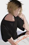  1boy absurdres black_shirt black_shorts blanket blonde_hair closed_eyes collarbone haikyuu!! highres kkno_k kozume_kenma male_focus messy_hair multicolored_hair roots_(hair) shirt shorts simple_background sitting sleepy solo squeans t-shirt tears waking_up white_background 