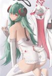 1girl absurdres animal_ears ass breasts closed_mouth commentary_request dress elbow_gloves fingerless_gloves gloves goat_ears goat_girl goat_horns goat_tail green_hair highres horns iroi_(nte) looking_at_viewer medium_breasts neverness_to_everness nyo_(fy_1) panties red_eyes sideboob solo tail toeless_legwear underwear virtual_youtuber white_dress white_gloves white_panties 