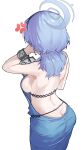  1girl absurdres ako_(blue_archive) ako_(dress)_(blue_archive) anger_vein back backless_dress backless_outfit bare_shoulders blue_archive blue_dress blue_eyes blue_hair blue_halo breasts butt_crack commentary dress facing_away from_behind halo highres korean_commentary large_breasts official_alternate_costume sideboob simple_background sleeveless sleeveless_dress solo unnnenn white_background 