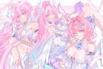 3girls ;) border breasts cleavage color_connection commentary company_connection corset cyrene_(demiurge)_(honkai:_star_rail) cyrene_(honkai:_star_rail) detached_sleeves diamond-shaped_pupils diamond_(shape) dress elysia_(herrscher_of_human:_ego)_(honkai_impact) elysia_(honkai_impact) flower gloves greyscale hair_color_connection hair_flower hair_ornament highres honkai:_star_rail honkai_(series) honkai_impact_3rd inoue_marina large_breasts long_hair looking_at_viewer medium_hair mem_(honkai:_star_rail) mihoyo monochrome multiple_girls one_eye_closed pearxpair pink_background pink_hair pointy_ears purple_eyes remielle_dan smile symbol-shaped_pupils thighs two_side_up untranslatable_commentary very_long_hair voice_actor_connection white_border white_corset white_dress white_gloves yanning zenless_zone_zero 