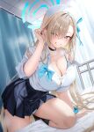  1girl absurdres aqua_halo aqua_scrunchie asuna_(blue_archive) asuna_(school_uniform)_(blue_archive) bed black_skirt black_socks blonde_hair blue_archive blue_bra blue_eyes blush bra breasts cleavage commentary_request eyes_visible_through_hair grin hair_over_one_eye halo hand_up highres kunimine_yuzuki large_breasts long_hair nurse off_shoulder panties partially_unbuttoned pleated_skirt pussy_juice pussy_juice_drip_through_clothes scrunchie shirt shirt_tucked_in single_bare_shoulder skirt smile socks solo sweat thighs underwear white_shirt wrist_scrunchie 