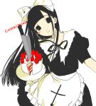  1girl apron black_bow black_bowtie black_eyes black_hair black_skirt bow bowtie cake commission cross cross_print english_text food frilled_apron frills fruit hair_bow head_tilt highres holding holding_cake holding_food knife koine2l23 light_blush long_hair maid maid_apron original plate puffy_short_sleeves puffy_sleeves short_sleeves skirt smile solo_focus strawberry white_apron white_background white_bow 