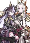  2girls ahoge animal_ears ascot black_ascot black_boots black_gloves black_shorts black_skirt blue_eyes blush boots brown_hair closed_mouth coat colored_bangs commentary dream_journey_(reminder_of_dreamland)_(umamusume) dream_journey_(umamusume) ear_covers eyewear_strap fishnet_pantyhose fishnets gem glasses gloves green_gem hair_between_eyes highres horse_ears horse_girl horse_tail jacket kikkasoon long_hair long_sleeves looking_at_viewer multicolored_hair multiple_girls orange_hair orfevre_(control)_(umamusume) orfevre_(umamusume) pantyhose puffy_sleeves red_shirt shirt shorts simple_background single_ear_cover skirt tail thigh_boots two-tone_hair umamusume white_background white_coat white_hair 