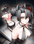  1girl absurdres agent_(girls'_frontline) arm_up ass back back_view_in_reflection backboob backless_dress backless_outfit bare_back bare_shoulders black_dress black_gloves black_shoes breasts butt_crack cleavage closed_mouth cocktail_dress collarbone commentary commission dress earrings elbow_gloves floor from_above full-length_mirror full_cleavage girls'_frontline gloves hair_between_eyes hair_ornament hair_scrunchie halterneck hand_on_own_chest hand_up hands_up highres indoors jewelry large_breasts mirror naked_dress necklace no_bra no_panties pearl_necklace plunging_neckline red_scrunchie reflection revealing_clothes scrunchie senpaihawkkun shoes short_hair sleeveless sleeveless_dress solo standing sweatdrop tile_floor tiles yellow_eyes 