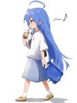  1girl :3 ahoge bag blue_bag blue_shorts clothes_writing coffee commentary_request cup drinking drinking_straw drinking_straw_in_mouth full_body green_eyes gsa082rnw highres holding holding_bag holding_cup huge_ahoge invisible_floor izumi_konata long_hair looking_ahead lucky_star mole mole_under_eye musical_note number_print oversized_clothes raised_inner_eyebrows shadow shirt shoes short_sleeves shorts simple_background sneakers socks solo standing t-shirt very_long_hair walking white_background white_shirt white_socks yellow_shoes 