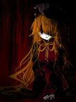  1girl aura bow chinese_clothes commentary_request constricted_pupils dalachi_(headdress) dark_aura dark_background empty_eyes flat_color hair_between_eyes hair_over_one_eye highres junko_(touhou) limited_palette long_hair looking_at_viewer open_mouth own_hands_together pale_skin red_background red_tabard ribbon roamu_65 shaded_face sitting solo tabard touhou very_long_hair wide_sleeves 