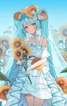  1girl aqua_eyes aqua_hair blush bow brown_hat commentary double-parted_bangs dress english_commentary fingerless_gloves fingernails flower gloves hair_between_eyes hat hat_bow hat_flower hat_ornament hatsune_miku highres leaf_hat_ornament long_hair looking_at_viewer magical_mirai_(vocaloid) magical_mirai_miku magical_mirai_miku_(2026) open_mouth shirt sleeveless sleeveless_dress solo sunflower twintails umireki upper_body vocaloid white_bow white_dress white_gloves white_shirt yellow_eyes yellow_flower 