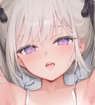 1girl :d ame_(mignon) armpits arms_up black_ribbon camisole close-up commentary_request cropped eyes_visible_through_hair grey_hair hair_ribbon highres light_blush long_hair looking_at_viewer mignon on_bed open_mouth original portrait purple_eyes revision ribbon smile solo spaghetti_strap teeth twintails upper_teeth_only uvula white_camisole 