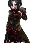  1girl black_hair black_shirt black_skirt blood blood_on_clothes blood_on_face closed_mouth coat commentary cowboy_shot dark_persona gloves green_coat hand_up idol_heroes_(idolmaster) idolmaster idolmaster_(classic) idolmaster_million_live! idolmaster_million_live!_theater_days kamota_kamosuke kikuchi_makoto kikuchi_makoto_(violent_desire) long_sleeves looking_to_the_side official_alternate_costume official_alternate_eye_color open_clothes open_coat red_eyes red_gloves shirt short_hair sideways_glance simple_background skirt solo standing untranslatable_commentary white_background 