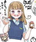  2girls :d ahoge anyoji_hime blue_shirt blue_sweater_vest braid brown_hair center-flap_bangs collared_shirt commentary_request feeding_viewer food gonzales_(love_live!) heart heart_ahoge highres holding holding_food holding_ice_cream holding_spoon ice_cream kachimachi_kosuzu kachimachi_kosuzu_(hasu_no_shoushihenkei_no_kyuujitsu) looking_at_viewer love_live! love_live!_hasu_no_sora_jogakuin_school_idol_club multiple_girls okome_(okome_l_l) open_mouth paint_chat_(medium) purple_eyes shirt short_sleeves side_ahoge side_braids smile solo_focus spoon sweater_vest translation_request virtual_youtuber white_background 