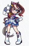  1girl animal_ears ascot asymmetrical_gloves blue_eyes blue_gloves blush boots bow brown_hair buttons cape closed_mouth commentary double-breasted epaulettes gloves hair_between_eyes horse_ears horse_girl horse_tail jacket knee_boots long_hair long_sleeves looking_at_viewer mismatched_gloves multicolored_hair multicolored_jacket one_eye_closed pink_ascot ponytail red_cape single_epaulette single_hair_streak skirt smile solo streaked_hair tail takuan_(taku1219oekaki) thumbs_up tokai_teio_(peak_joy)_(umamusume) tokai_teio_(umamusume) twitter_username two-tone_hair two-tone_jacket two-tone_skirt umamusume untranslatable_commentary white_boots white_gloves white_hair white_jacket white_skirt white_streaks 