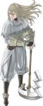  1boy androgynous arm_guards axe blonde_hair boots brown_boots fingerless_gloves fire_emblem fire_emblem_awakening full_body gloves green_eyes highres holding holding_axe kozaki_yuusuke libra_(fire_emblem) long_hair looking_to_the_side male_focus official_art planted planted_axe solo standing transparent_background 