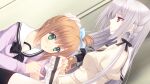  1boy 1girl black_bow black_bowtie blue_bow bow bowtie braid brown_hair buttons cardigan censored closed_mouth clothes_grab collarbone crossdressing crossdressing_(mtf) double_bowtie dutch_angle frilled_skirt frilled_sleeves frills from_side game_asset ginjou_haruko grabbing_another's_penis grabbing_another's_skirt green_eyes grey_bow grey_bowtie grey_hair hair_bow hand_on_another's_head hand_up handjob hetero indoors juliet_sleeves long_hair long_sleeves looking_at_another mosaic_censoring nishimata_aoi non-web_source official_art one_side_up parted_lips pinky_out plaid_bow plaid_bowtie plaid_clothes profile puffy_sleeves purple_cardigan red_eyes sailor_collar sakurakouji_saika self-datamine shirt skirt standing striped_bow striped_bowtie striped_clothes suzuhira_hiro trap tsuki_ni_yorisou_otome_no_sahou_2 white_sailor_collar white_shirt 