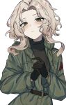  1girl absurdres armband belt black_belt black_gloves black_shirt blonde_hair borrowed_character breast_pocket closed_mouth coat commission curtained_hair flat_chest gloves green_coat highres light_frown lil_monster_(zbuta_turatan) long_sleeves mole mole_under_eye original own_hands_together pale_skin pocket red_armband second-party_source shirt short_hair_with_long_locks simple_background skeb_commission solo standing turtleneck turtleneck_shirt upper_body white_background yellow_eyes 