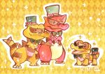  argyle_background black_bow black_bowtie black_eyes black_hat bow bowtie claws commentary_request crossed_arms evolutionary_line greenaokimi hat krokorok krookodile nostrils painting_(medium) pokemon pokemon_(creature) sandile signature sparkle sunglasses top_hat traditional_media watercolor_(medium) yellow_background 