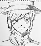  1girl a_hat_in_time cape closed_mouth commentary greyscale hat hat_kid hat_ribbon jacket jibung looking_at_viewer medium_hair monochrome portrait ribbon sidelighting smile solo top_hat traditional_media translation_request white_background 