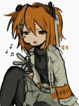  1girl :d adachi_rei belt black_shirt blush commentary_request computer_chip hair_ribbon highres hood hoodie jacket microphone miruki_nuko musical_note one_side_up orange_belt orange_eyes orange_hair ribbon shirt skin_tight smile solo utau v white_jacket white_ribbon 