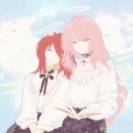  2girls absurdres adoptive_siblings arknights black_choker book chinese_commentary choker closed_eyes cloud collarbone commentary_request cross day ediun exusiai_(arknights) frills greek_cross halo hand_on_another's_head headpat highres holding holding_book leaning_on_person lemuen_(arknights) long_hair long_sleeves medium_hair multiple_girls open_book outdoors partial_commentary pink_hair reading red_hair shirt siblings signature simple_bird sisters sitting sleeping traditional_halo white_halo white_shirt yellow_eyes 