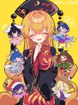  6+girls :3 animal_ears bell blob blue_eyes blue_hair brown_hair chibi commentary_request doremy_sweet dream_soul dress futatsuiwa_mamizou glasses hat highres inaba_tewi junko_(touhou) kaku_seiga kine leaf long_hair long_sleeves mallet moriya_suwako multiple_girls nightcap orange_shirt pom_pom_(clothes) rabbit_ears raccoon_ears raccoon_tail roamu_65 shirt skirt tabard tail tenkyuu_chimata touhou touhou_18th_popularity_poll wide_sleeves wings yellow_background 
