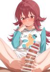 1boy 1girl ahoge animal_print annrichan bar_censor barefoot bear_print blue_shirt blush censored collarbone commentary_request feet footjob hair_between_eyes hetero highres idolmaster idolmaster_shiny_colors komiya_kaho legs long_hair long_sleeves mosaic_censoring open_mouth penis pink_eyes pink_hair raglan_sleeves shirt simple_background solo_focus thighs toenails toes white_background white_shirt 