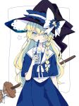  1girl black_hat blonde_hair blue_skirt bow broom commentary_request cup disposable_cup drinking_straw drinking_straw_in_mouth frilled_hat frills hat hat_bow highres kirisame_marisa long_hair roamu_65 sailor_collar sailor_shirt shirt simple_background skirt solo star_(symbol) touhou white_background white_bow white_sailor_collar witch witch_hat yellow_eyes 