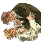  2boys blonde_hair blood blood_on_face bolo_tie boywhatttt brown_hair clenched_hand clothes_grab coat collared_shirt commentary english_commentary facial_hair from_side green_coat hand_on_another's_arm highres injury jean_kirstein lapels long_sleeves lying male_focus multiple_boys notched_lapels on_back parted_bangs parted_lips profile reiner_braun shingeki_no_kyojin shirt short_hair simple_background violence white_background white_shirt wing_collar 