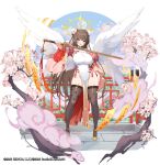  1girl absurdres blush breasts brown_hair bun_cover commentary_request double_bun dress flower green_eyes hair_bun halo hand_on_own_thigh highres holding holding_sword holding_weapon milfie_(twinkle_star_knights) open_mouth pelvic_curtain pilokey pink_flower pink_nails smile solo sword tassel thighhighs twinkle_star_knights weapon white_dress white_flower white_wings wings 