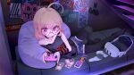  1girl ahoge black_panties black_thighhighs blonde_hair card choker commentary_request controller cushion denim denim_shorts flat_chest game_controller glasses head-mounted_display heart heart_choker highres holding holding_controller holding_game_controller mochi_(circle_rin) original panties panty_straps playing_games red_eyes short_hair short_shorts shorts smile solo thighhighs underwear vrchat 