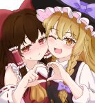  2girls ascot black_hat black_vest blonde_hair blush bow braid brown_hair cheek-to-cheek closed_mouth commentary detached_sleeves embarrassed frilled_hair_tubes frills hair_bow hair_tubes hakurei_reimu hat hat_bow heads_together heart heart_hands heart_hands_duo highres kennsei66 kirisame_marisa long_hair long_sleeves looking_at_viewer multiple_girls one_eye_closed purple_bow red_bow red_eyes ribbon-trimmed_sleeves ribbon_trim side_braid single_braid sweatdrop touhou upper_body vest witch_hat yellow_ascot yellow_eyes yuri 