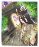  1girl absurdres ahoge animal_ears arc_de_triomphe belt black_belt black_hair black_ribbon blush casual closed_mouth commentary_request earrings france frilled_shirt frills gentiano815 hair_between_eyes highres horse_ears horse_girl horse_tail jewelry long_hair long_hair_between_eyes long_sleeves manhattan_cafe_(casual)_(umamusume) manhattan_cafe_(umamusume) multicolored_hair nature neck_ribbon outdoors real_world_location ribbon shadow shirt shirt_tucked_in single_earring skirt smile solo sunday_silence_(racehorse) tail tree umamusume white_hair yellow_eyes yellow_shirt 