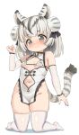  1girl animal_ear_fluff animal_ears animal_print bare_shoulders bell bikini bikini_top_only black_hair black_nails blush breasts bun_cover closed_mouth clothing_cutout commentary_request detached_sleeves double_bun dress full_body grey_eyes grey_hair hair_bun hand_up highres jingle_bell kneeling knees_together_feet_apart long_sleeves multicolored_hair nail_polish navel navel_cutout neck_bell original pelvic_curtain print_bikini shadow simple_background small_breasts solo streaked_hair striped_tail swimsuit tail thighhighs tiger_ears tiger_girl tiger_print tiger_tail unname white_background white_dress white_sleeves white_thighhighs 