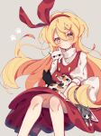  1girl blonde_hair closed_mouth commentary_request ellen_(touhou) feet_out_of_frame grey_background hair_between_eyes hairband highres long_hair puffy_short_sleeves puffy_sleeves red_hairband red_skirt red_vest roamu_65 shirt short_sleeves simple_background skirt sokrates_(touhou) solo touhou touhou_(pc-98) vest white_shirt yellow_eyes 