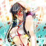  bangs black_hair blood blood_on_face blue_eyes bra breasts eyebrows gyehu junketsu kill_la_kill kiryuuin_satsuki long_hair medium_breasts solo thick_eyebrows torn_clothes transformation underwear 