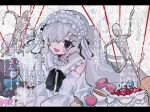  1girl asarisoba black_border black_bow black_bowtie border bow bowtie cake commentary_request dress food frilled_dress frills hair_over_one_eye hairband highres korean_commentary lolita_fashion lolita_hairband long_hair long_sleeves looking_at_viewer macaron mahou_shoujo_no_majo_saiban minna_de_zutto_shiawase_ni_kazoku_de_issho_ni_tanoshii_party_wo natsume_an-an puppet puppet_strings purple_eyes ribbon sleeves_past_fingers sleeves_past_wrists solo string tea translation_request white_hair 