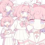 1girl :d ahoge armband blunt_bangs bow bowtie closed_eyes commentary cowboy_shot cross cross_print detached_wings dot_nose from_side hair_intakes halo heart heart_ahoge highres indie_utaite indie_virtual_youtuber long_sleeves looking_at_viewer low_wings mini_wings momone_chinoi multiple_views nano235711 outline pink_armband pink_background pink_hair pink_thighhighs pleated_skirt sailor_collar school_uniform serafuku short_hair simple_background skirt smile straight-on striped_clothes striped_thighhighs thighhighs utaite virtual_youtuber white_halo white_outline white_sailor_collar white_serafuku wings zettai_ryouiki 