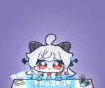 1girl ahoge black_horns chibi chibi_only commentary_request crying crying_with_eyes_open english_text flying_sweatdrops hair_between_eyes horns looking_at_viewer medium_hair multicolored_hair necktie purple_background red_eyes red_necktie shirt simple_background solo streaked_hair syurikenmaru tears triangle_mouth white_hair white_shirt wuthering_waves zani_(wuthering_waves) 