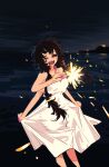  black_hair blush colored_fingertips commentary_request dress extra_arms fireworks fluffy_hair hair_tie highres holding holding_fireworks holding_own_dress horizon korean_commentary long_hair looking_at_viewer low-tied_long_hair night ocean one_eye_closed player_(webtoon) sharp_teeth sky smile sparkler ssambatea sundress teeth vivian_(player) white_dress 