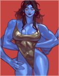  1girl abs arms_behind_back black_hair black_lips blue_skin breasts cleavage colored_skin commentary covered_navel cromwaits earrings english_commentary extra_arms hands_on_own_hips hat highres jewelry long_hair muscular muscular_arms muscular_female one-piece_swimsuit orange_background original outside_border red_background red_eyes shorts simple_background swimsuit 