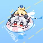  2girls :3 black_horns blonde_hair blunt_bangs chibi chibi_only closed_eyes closed_mouth commentary_request curled_horns grey_hair hair_between_eyes hair_bun highres horns mole multiple_girls open_mouth phoebe_(wuthering_waves) red_eyes single_hair_bun smile swim_ring swimming syurikenmaru tail water white_hair wuthering_waves zani_(wuthering_waves) 