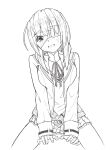  1girl blunt_bangs blush bob_cut collared_shirt commentary cowboy_shot cowlick downturned_eyes embarrassed eyepatch eyes_visible_through_hair frilled_skirt frills hair_between_eyes heaven_burns_red highres hiiragi_kozue jacket kaki. long_sleeves looking_at_viewer medical_eyepatch medium_hair miniskirt monochrome neck_ribbon nose_blush one_eye_covered open_clothes open_jacket open_mouth pleated_skirt ribbon ribbon-trimmed_sleeves ribbon_trim shirt simple_background skirt solo sweatdrop tareme wavy_mouth white_background 